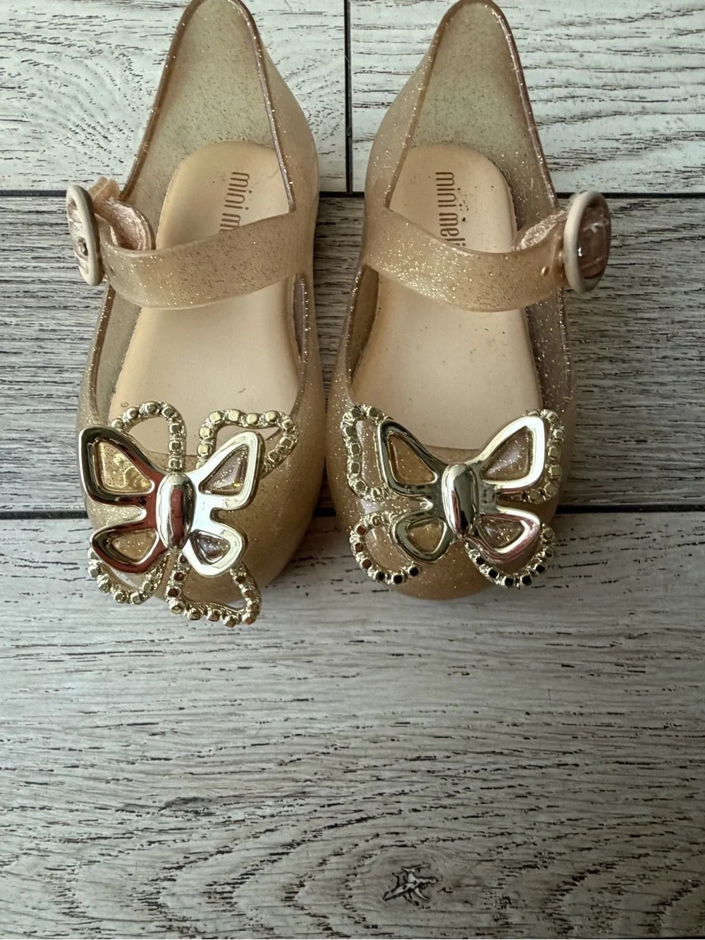 Mini Melissa Metallic Gold Glitter Butterfly Mary Jane Shoes size 6